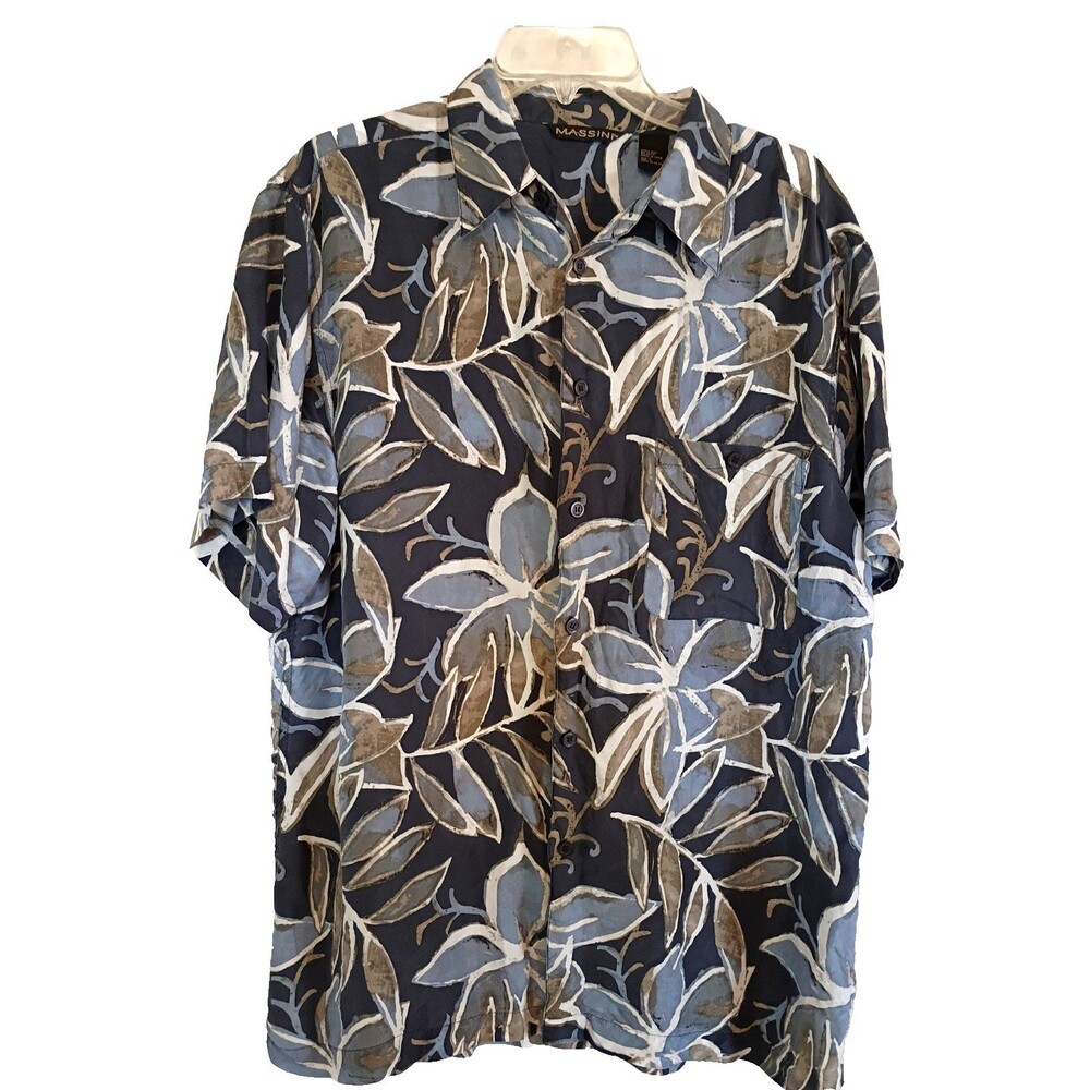 Massini Silk Navy Blue Floral Shirt 100% Silk Hawaiian Size Large